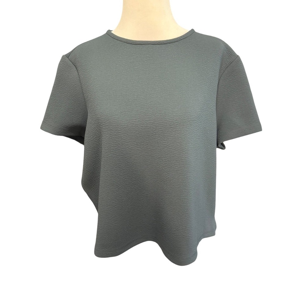 Nordstrom Rack Womens Large Textured Short Sleeve Top Dark Teal Back Zip NEW